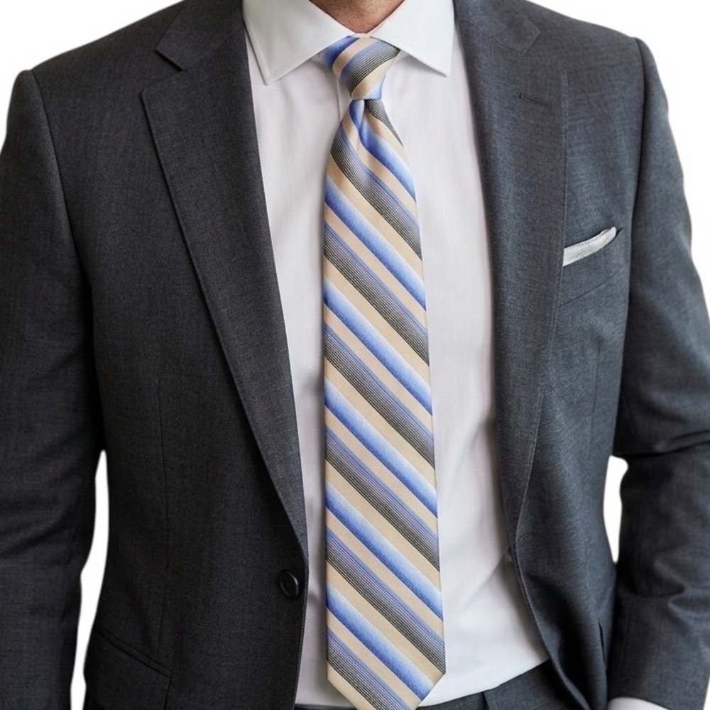 Roberto‎ Villini Couture Mens Extra Long Silk Tie Blue Gold Striped Hand Made